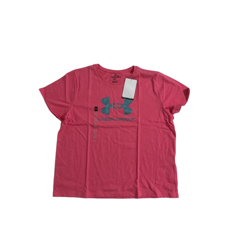 Under Armour Girls YXL Rival Shimmer Short Sleeve Tee Pink Big Logo T-Shirt NWT
